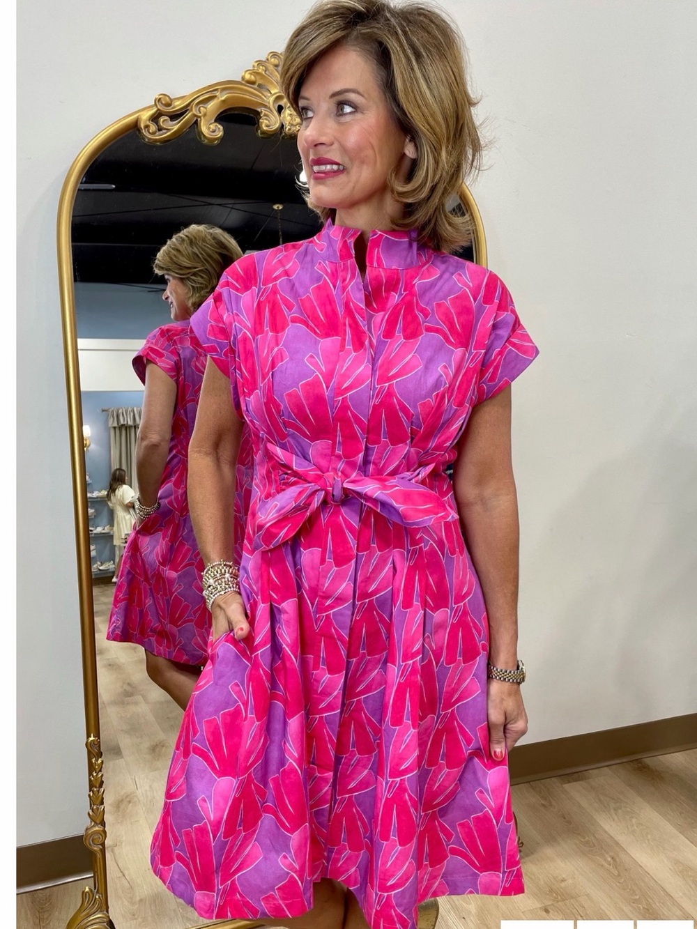 APNY Short Sleeve Shirt Dress W/Self Tie Pink Multi